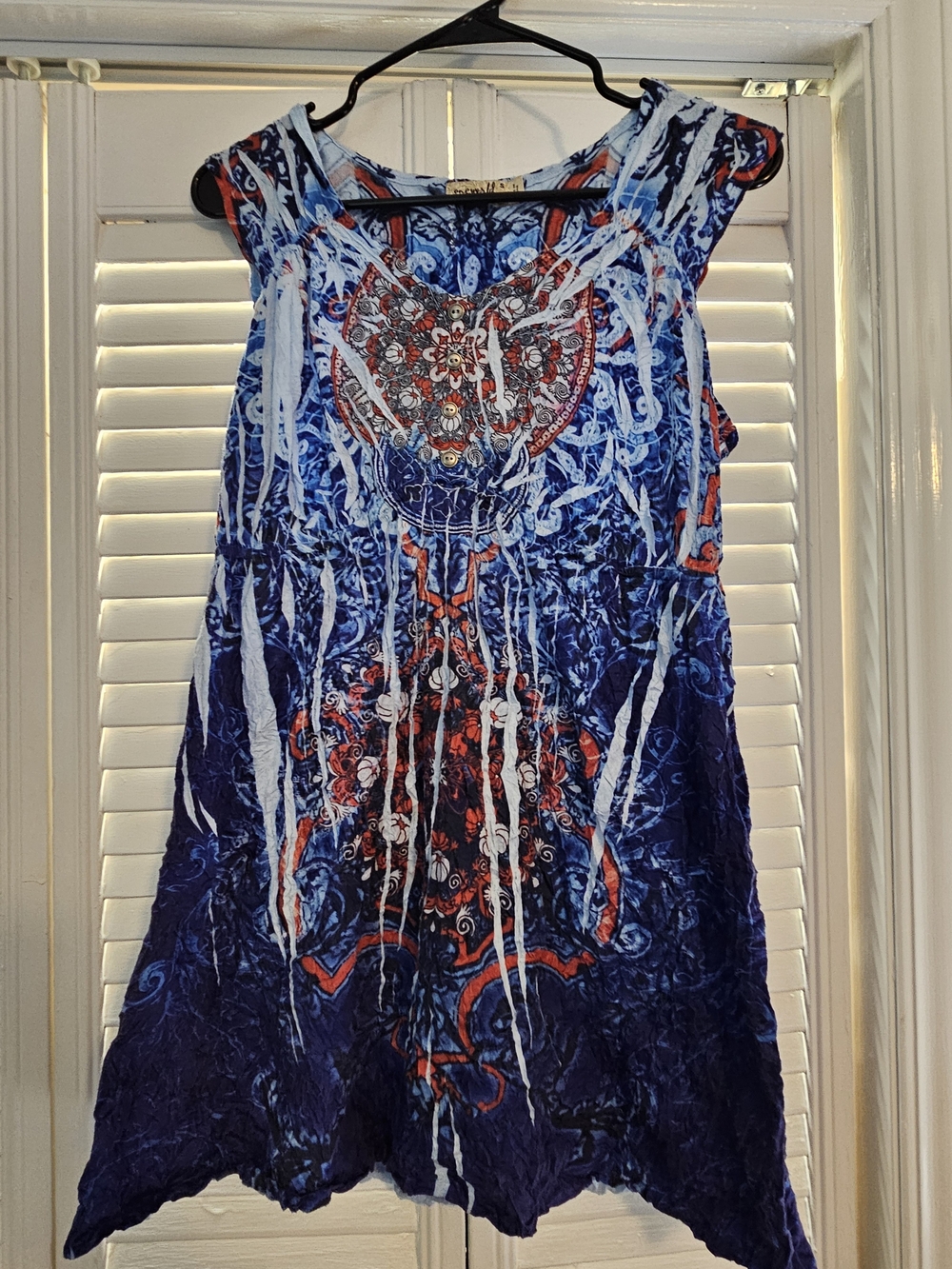 ONE WORLD Blue and Orange Printed Sleeveless Dress S Bohohemian Hippie